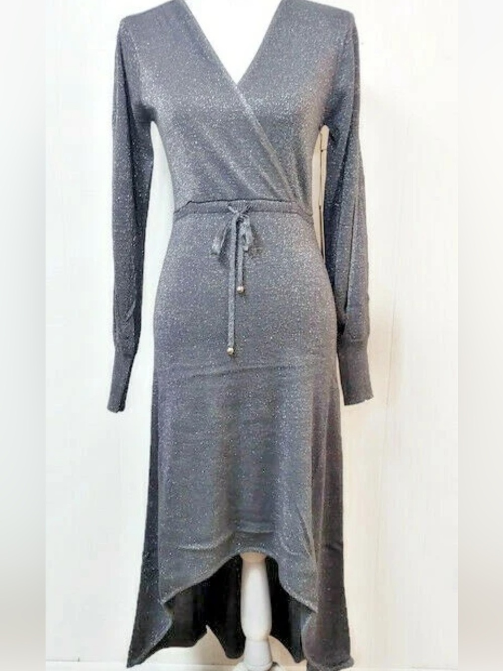 Vertigo Paris Silver Gray Hi Low Cocktail Dress
Slit Bishop Sleeves Wrap Front